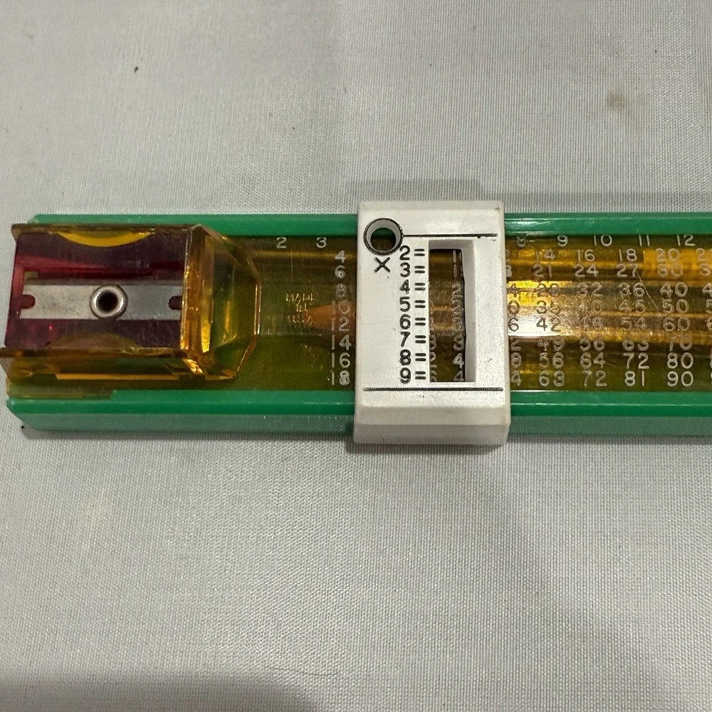 Vintage Sterling Multiplier Pencil Box Green Slider Math Ruler Sharpener 1970s